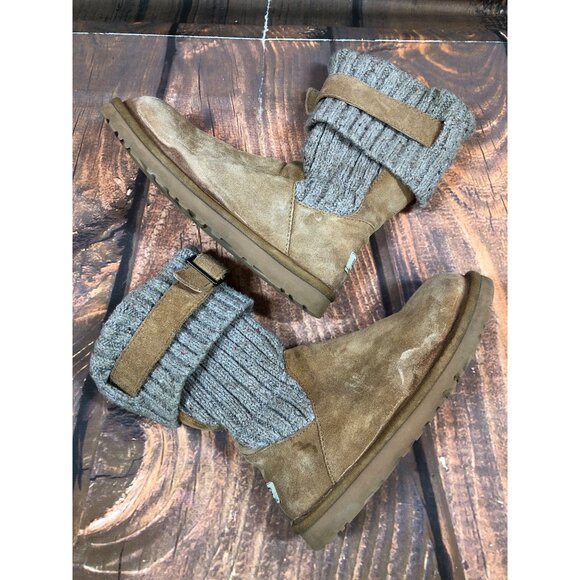 UGG Cambridge Knit Chestnut Suede Belted Boots Sheepskin Womens 7 (p7c) - Picture 5 of 10